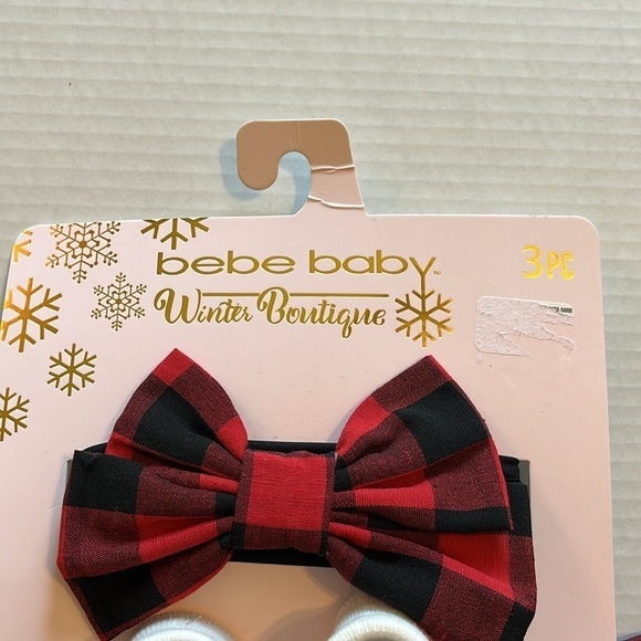 NWT-Bebe baby-3pc set-red/black-hair bow, white booties, elastic ruffled skirt. - Picture 3 of 7